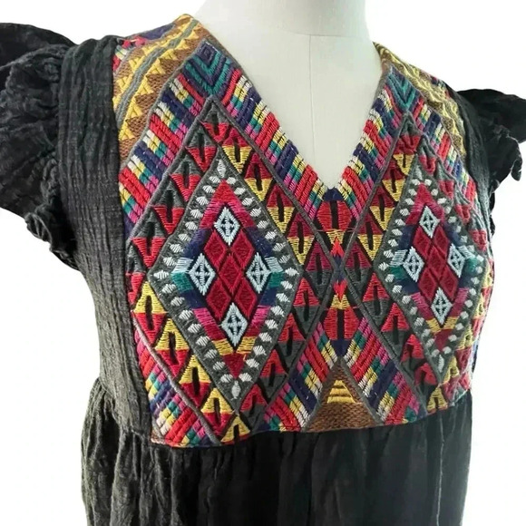 THML Women Small Dress Black Cotton Rayon‎ Embroidery Flutter Aztec Western SW - Picture 3 of 13